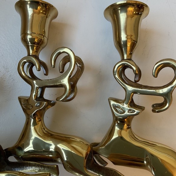 Polished Brass Reindeer 3 Pillar Candleholder Candelabra Vintage- Set Of 2 - Picture 10 of 10